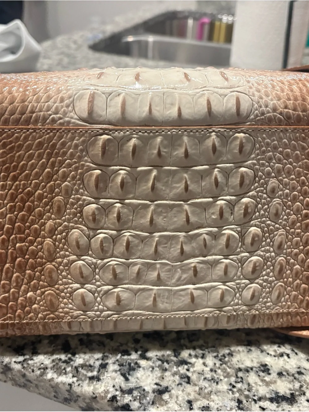 Brahmin Tan and Cream Croc-Embossed Satchel with Detachable Strap
